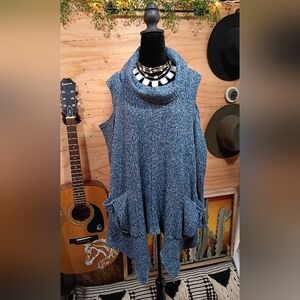Blue Cowl Neck Cold Shoulder Asymmetrical Cut Top with POCKETS!